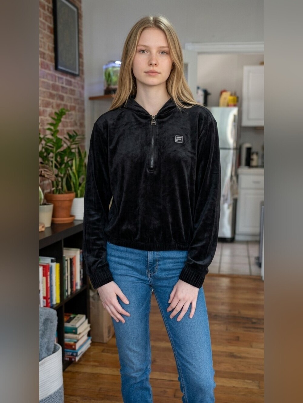 Fila Black Velour Half-Zip Pullover Top